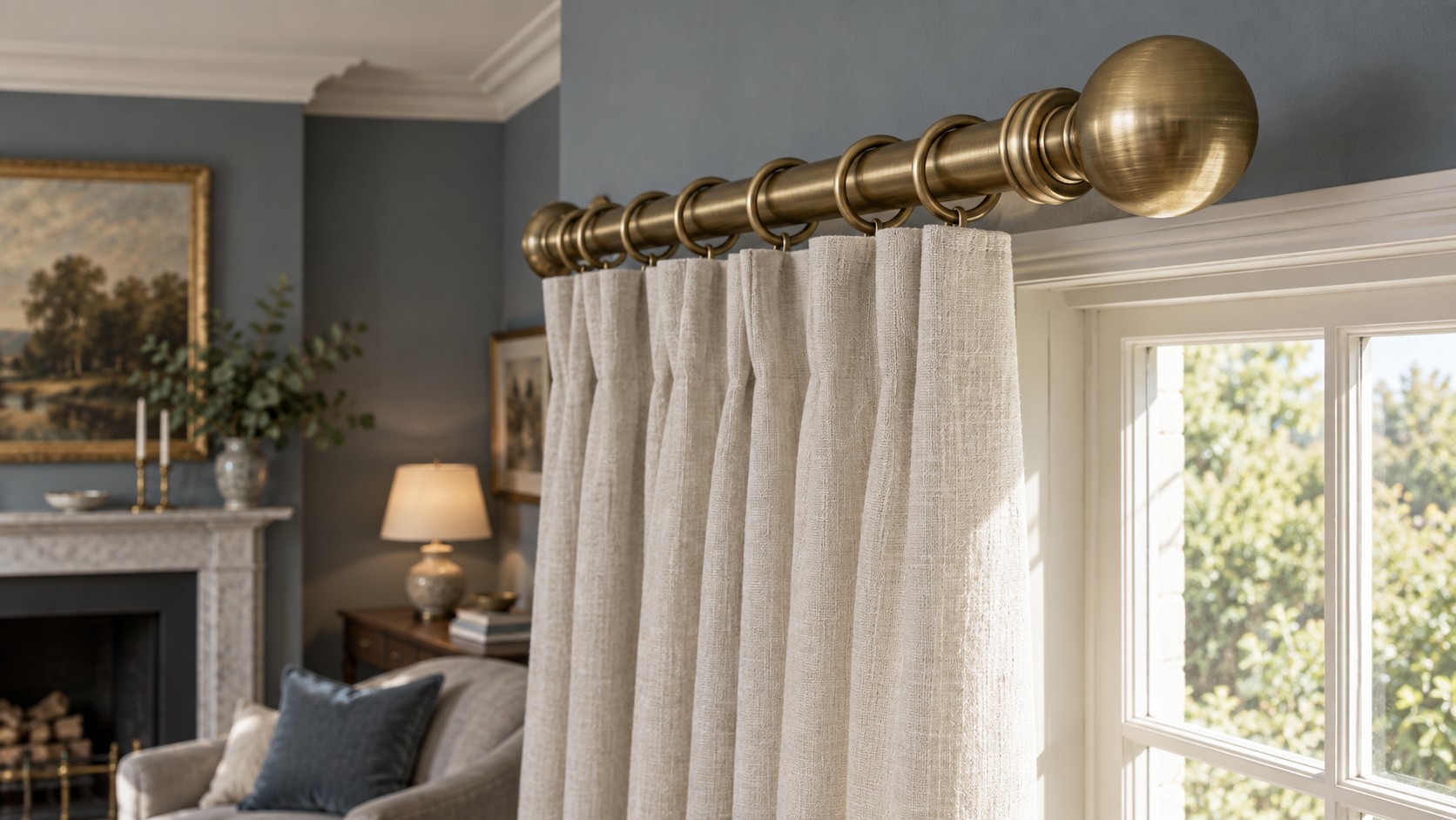 A brass curtain pole and rings with linen curtains