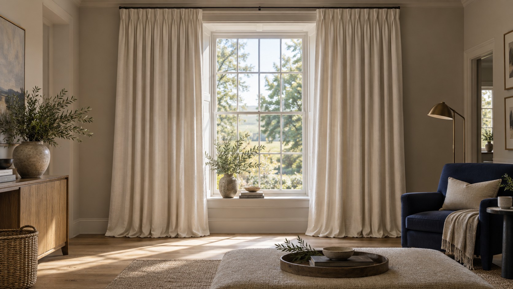 Sheer, floor-length curtains dressing a bright living room window