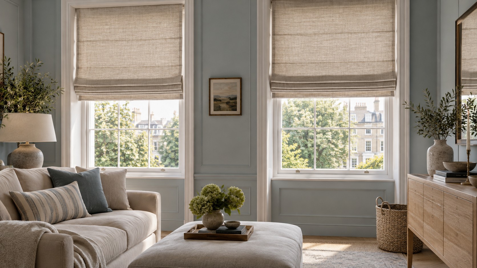 Roman blinds in a calm, modern living room